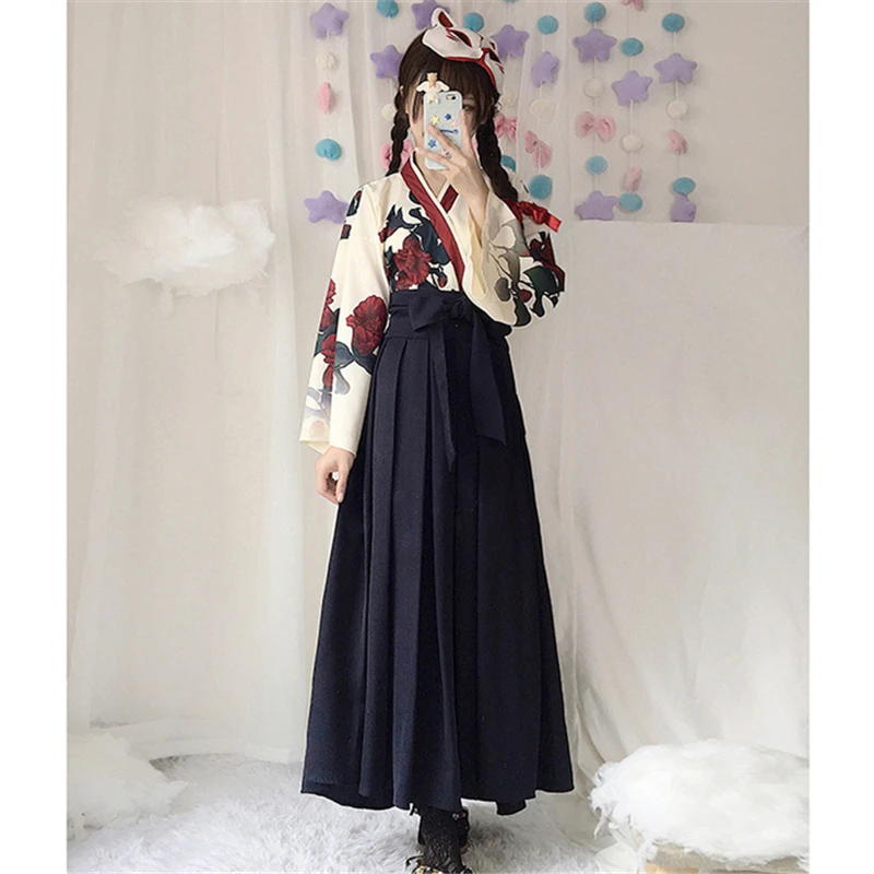 Black Long Set Женские вечерние платья в японском стиле ретро-кимоно с цветочным рисунком и длинными рукавами, летняя модная одежда, топ с бантом, юбка Haori для женщин - Цвет: Black Long Set