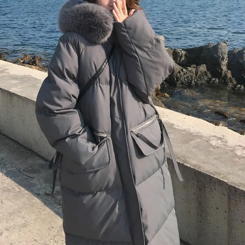 

Winter Coat Women Ins Celebrity Long Jacket Korean Loose 2021 New Casual Solid Large Artifical Fur Hat Hooded Warm Bread Coat