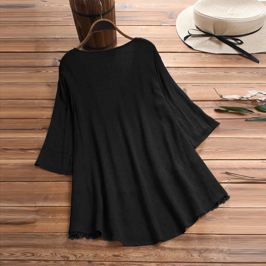 Женская винтажная блузка из хлопка и льна кружевной топ с оборками три четверти v