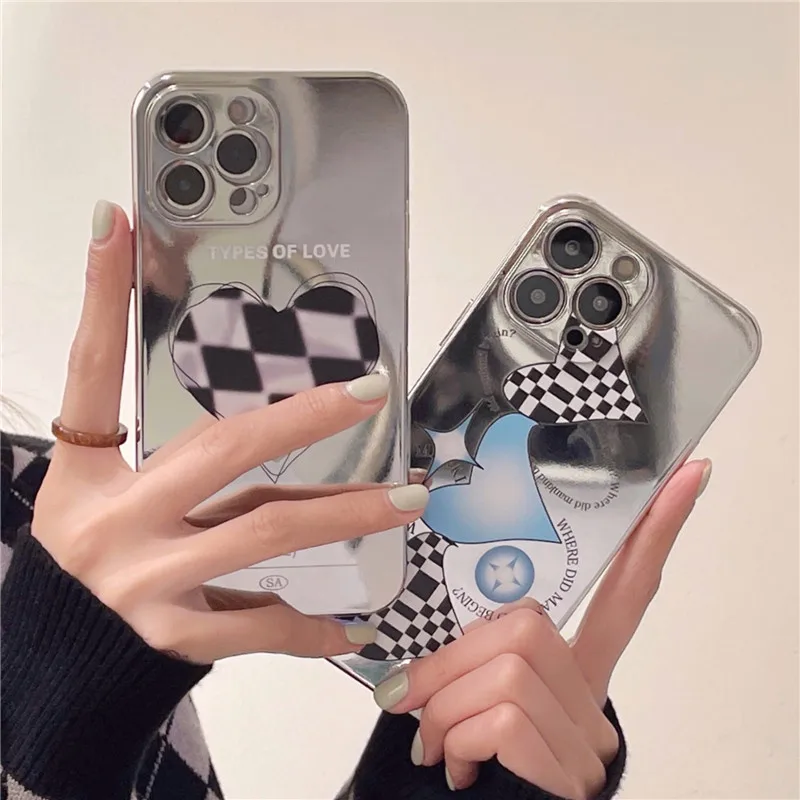 

INS plating checkerboard case for iphone 13 11 12 12Pro love heart soft silicone case for iphone 11 13 X XR XS Max 7 8Plus
