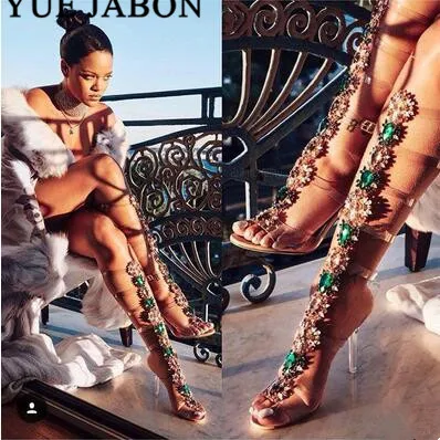 

Sexy PVC Transparent Gladiator Sandal Woman Open Toe T-strap Big Rhinestone Diamond Clear High Heel Shoes Women Summer Long Boot