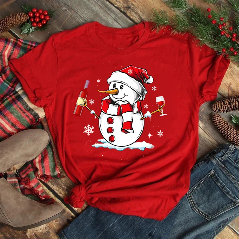 ZOGANKI Women Christmas Snowman Print Red T Shirt Cute Holiday Winter New Year Tshirt Happy Merry Christmas Cartoon 90s Clothes