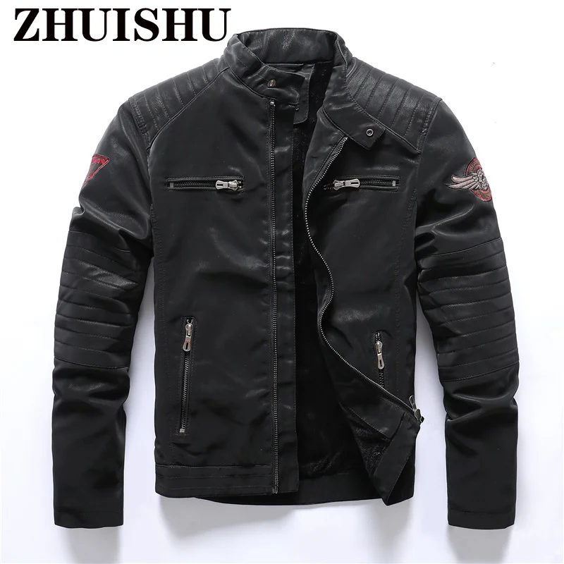 

Men's Leather Fall Winter Bomber Jacket Arms Embroidered Motorcycle Leather Wool Fashion Cascade Top Large Size Free Shipping