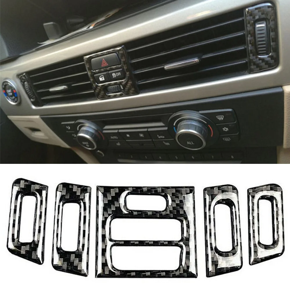For BMW E90 E92 E93 Interior Accessory 5pcs Car Auto Carbon Fiber Interior Sticker Central Air Vent Outlet Trims