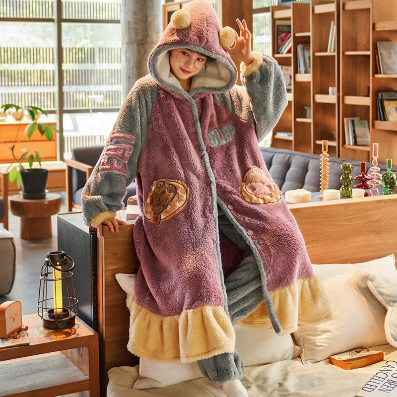 Women's Hooded Coral Fleece Long-Sleeved Flannel Home Wear Casual Pajamas for Spring and Autumn Bathrobe Set Winter