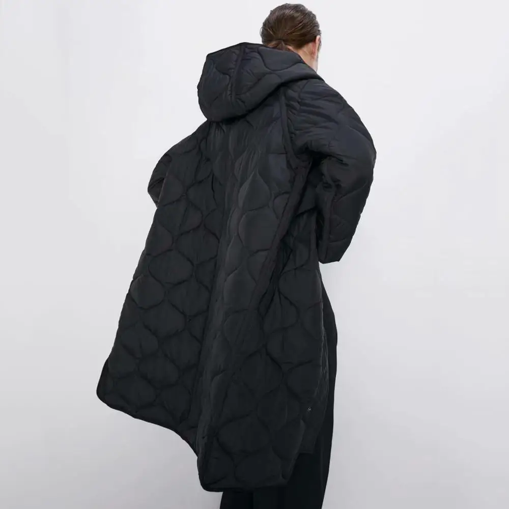 Женская длинная куртка с капюшоном ZA черная Повседневная приталенная хлопковая