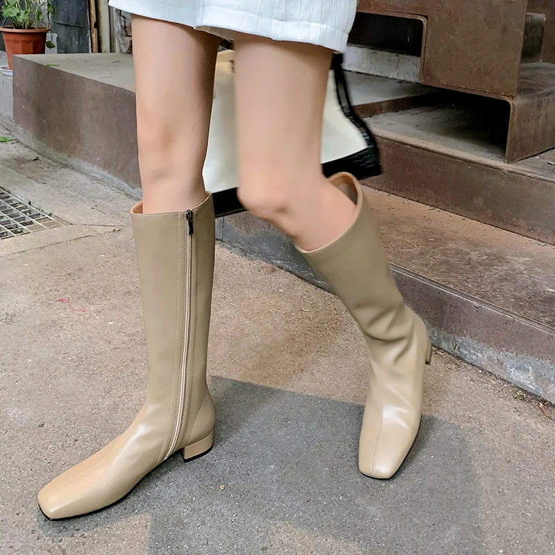

QZYERAI New Roman Winter Square-toed Riding Equestrian Boots Knee-High Genuine Leather Cowhide Stretch Woman Shoes Sexy