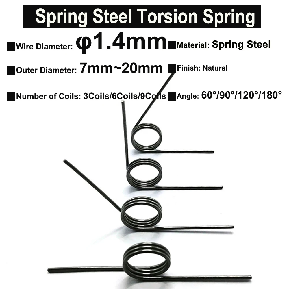 10Pcs Wire Diameter 1.4mm Spring Steel Torsion Spring Hairpin Springs 3Coils/6Coils/9Coils Angle 60°/90°/120°/180°