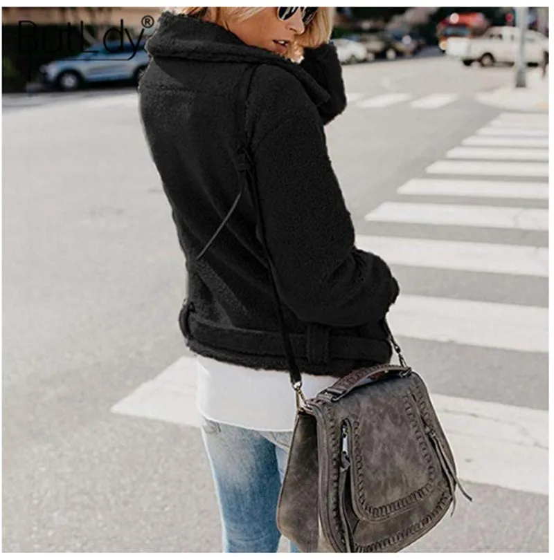 

Zipper Lapel Plush Belt Black Coat Women Pocket Double Sided Jacket Women Autumn Winter Solid New Style 2019 Long Sleeve Coats