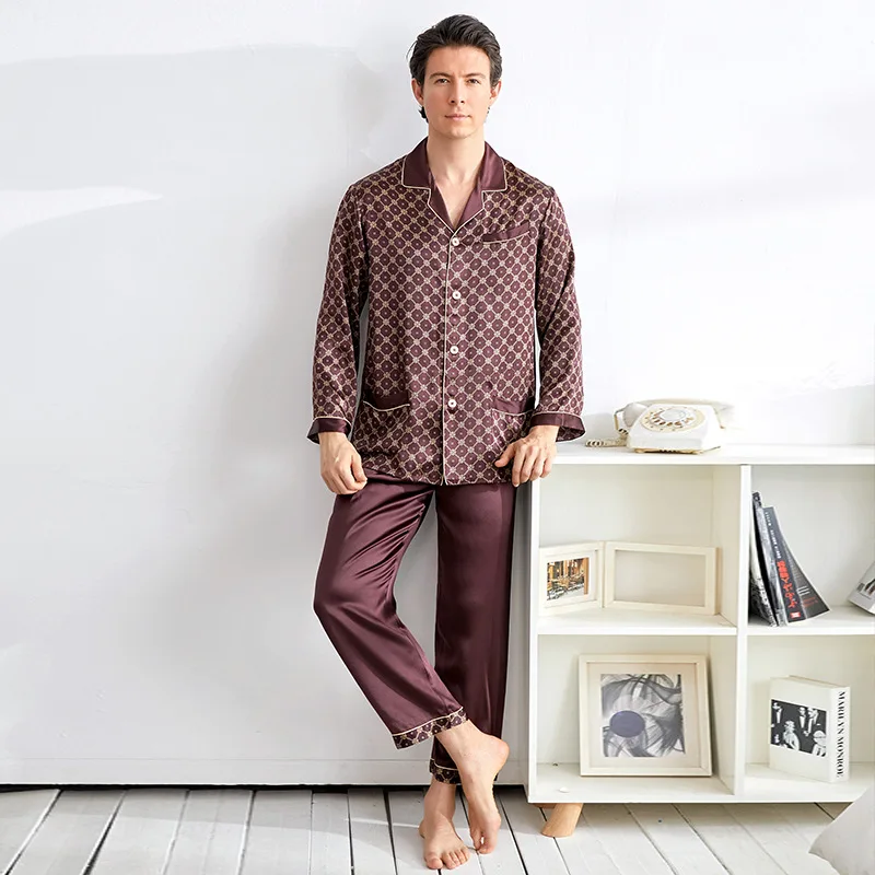 

Пижама Мужская, с отложным воротником и длинным рукавом, из 100% шелка