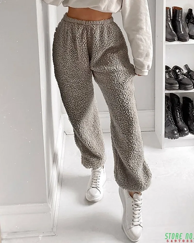 

Solid High Waist Fluffy Casual Pants Soft Trousers Winter Spring Casual Fleece Pants