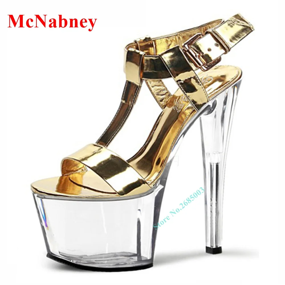 

Metal Mirror Crystal Heel Sandals Peep Toe Clear Platform T Straps Sandals Women Party Shoe Ankle Buckles Gold High Heels Sandal