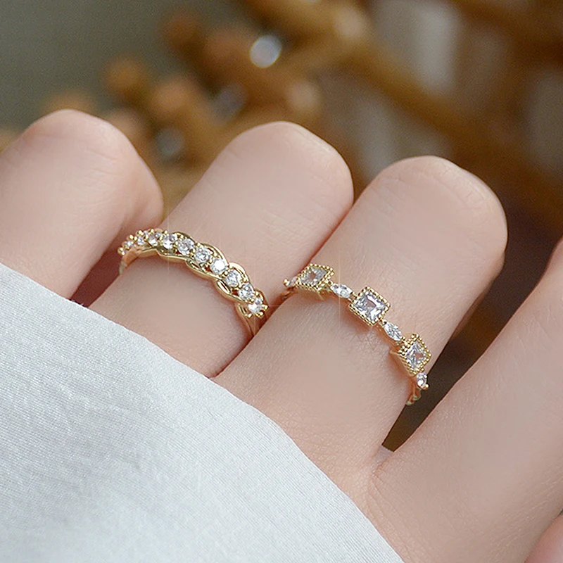 

14K Real Gold Ring Adjustable Fashion Spuare Zircon Luxury CZ Opening Rings For Women Wedding Engagement Bague Jewelry
