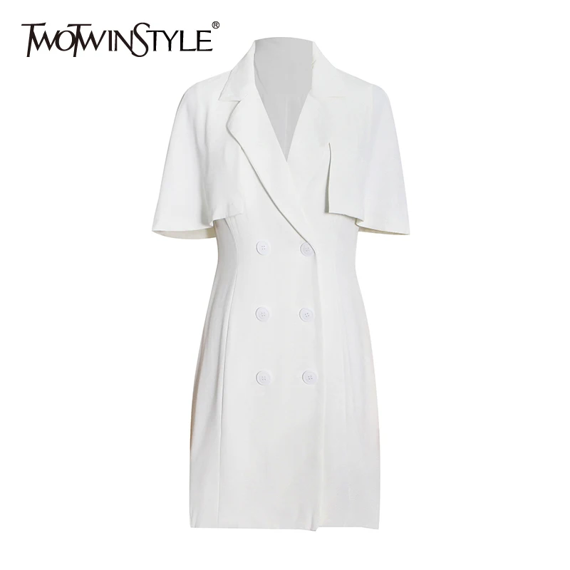 

TWOTWINSTYLE White Plain Dress For Women Slim Notched Short Sleeve Double Breasted Mini Dresses Female 2021 Summer Clothing New