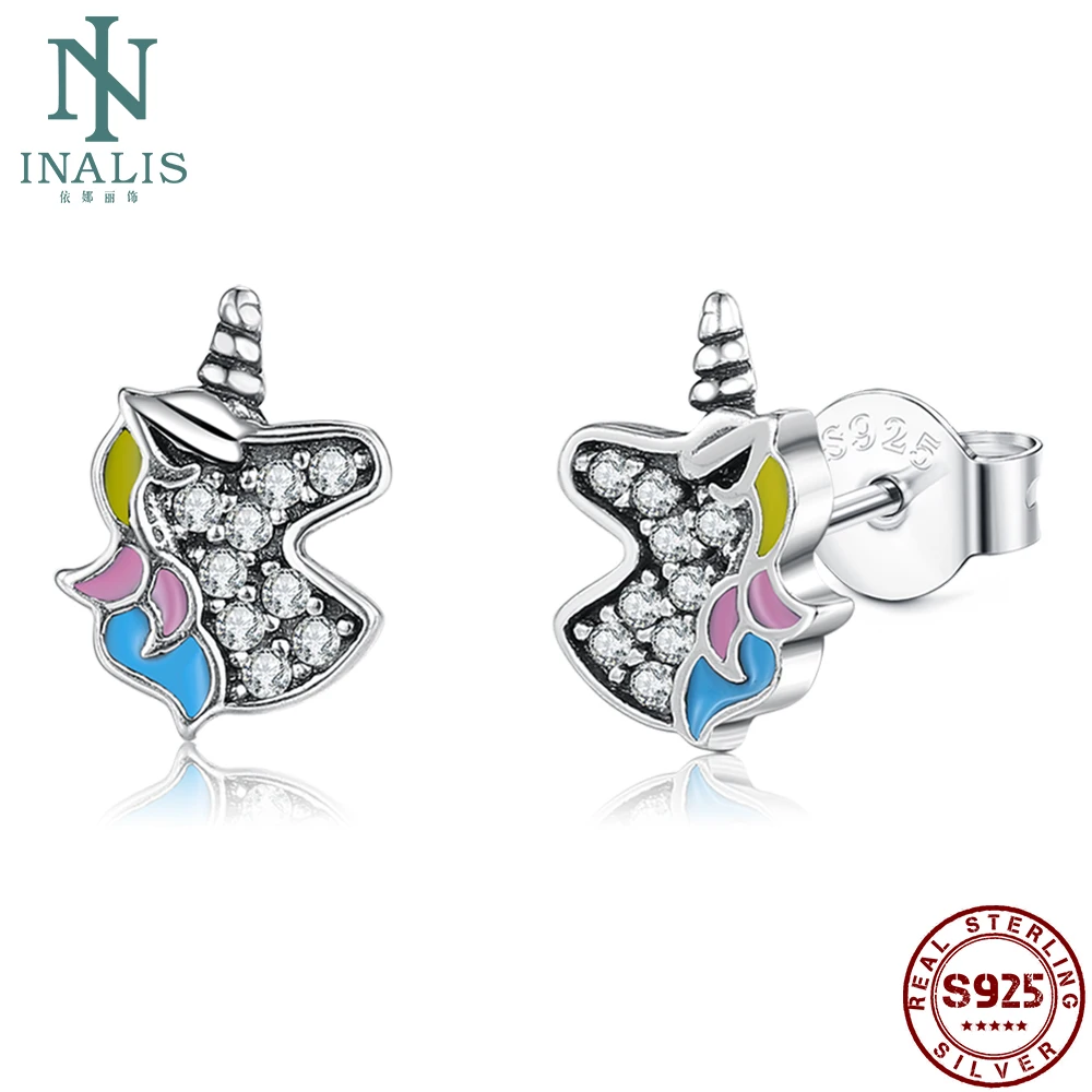 

INALIS Unicorn 925 Sterling Silver Stud Earrings Dazzling 5A Clear Cubic Zirconia For Women & Girls Anniversary Fine Jewelry