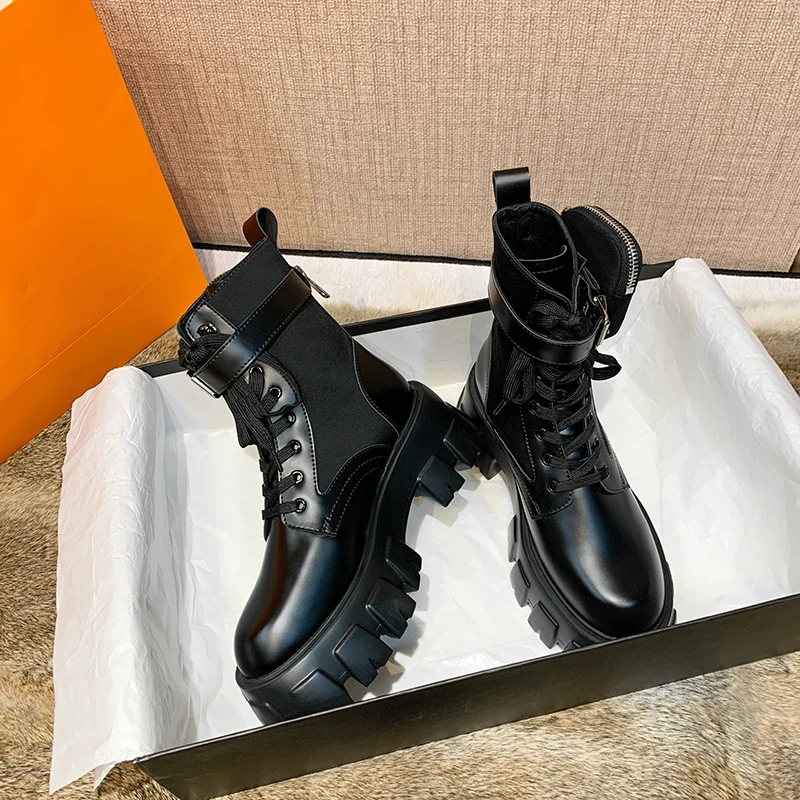 

Hjwsfdcai Platform Women Pocket Style Winter Booties British Wind Warm Street Ladies Ankle Boots Lace-Up Casual Mujer Punk Shoes