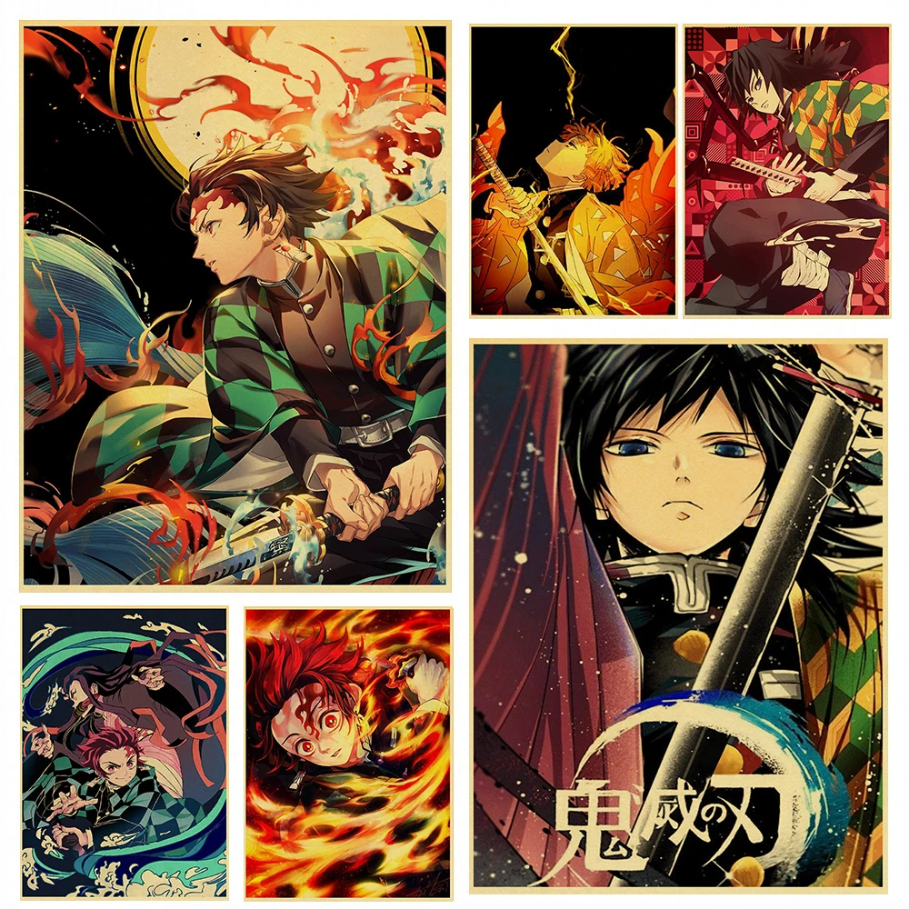 

Popular Japanese Anime Demon Slayer Vintage Kraft Paper Poster of Cartoon Character Atlas Sticker for Home Art Wall Decor Gift