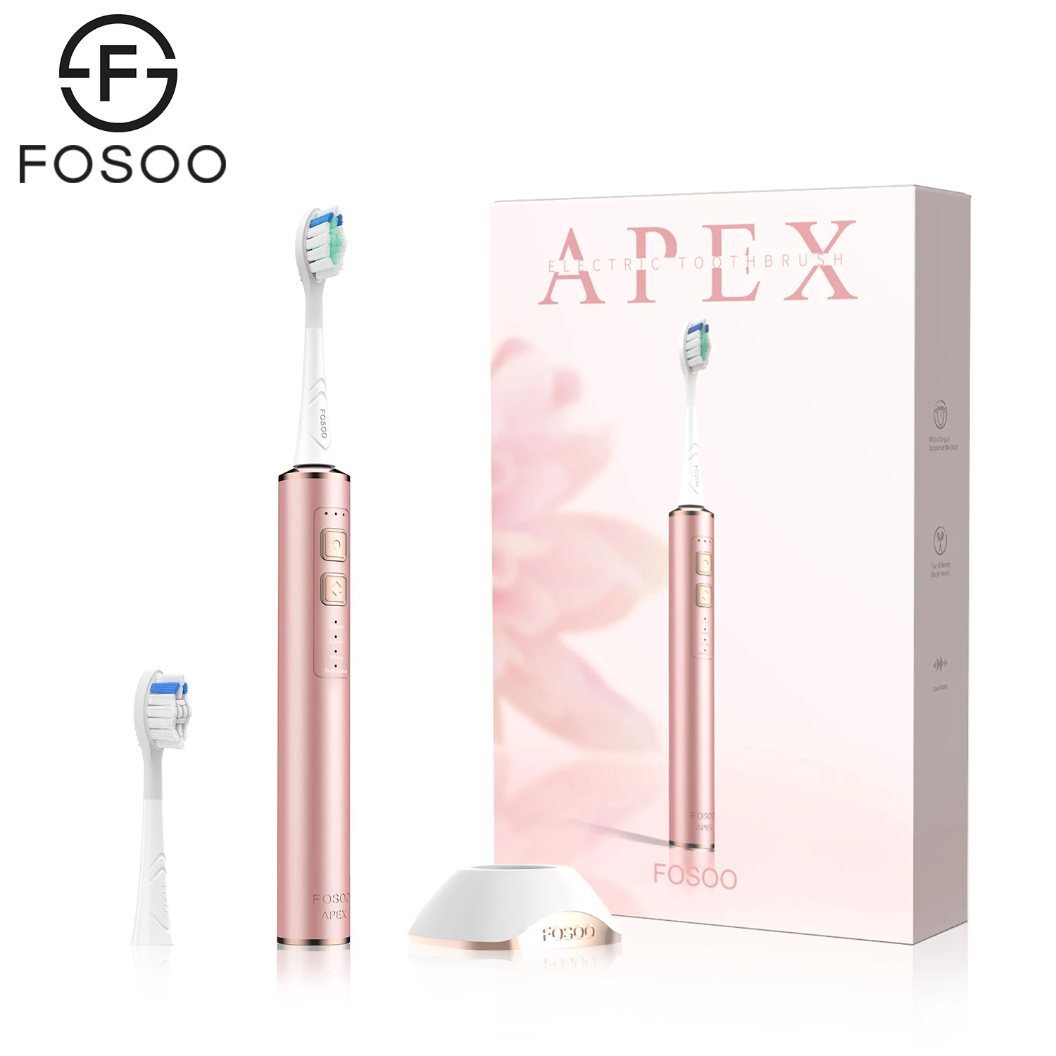 

Sonic Electric Toothbrush Adults FOSOO APEX 42000VPM 2 Min Smart Timer 180-day Battery Life 4 Cleaning Modes 2 Brush Heads Pink