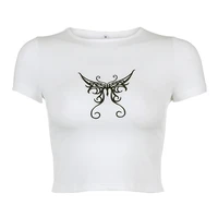 summer butterfly print embroidery round neck slim short sleeve t shirt women