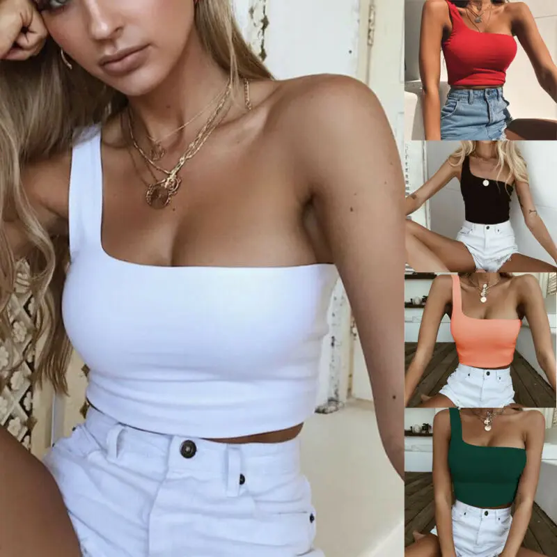 

US Fashion Summer Women tops Casual One Shoulder Tank Top Vest Crop Tops Shirt
