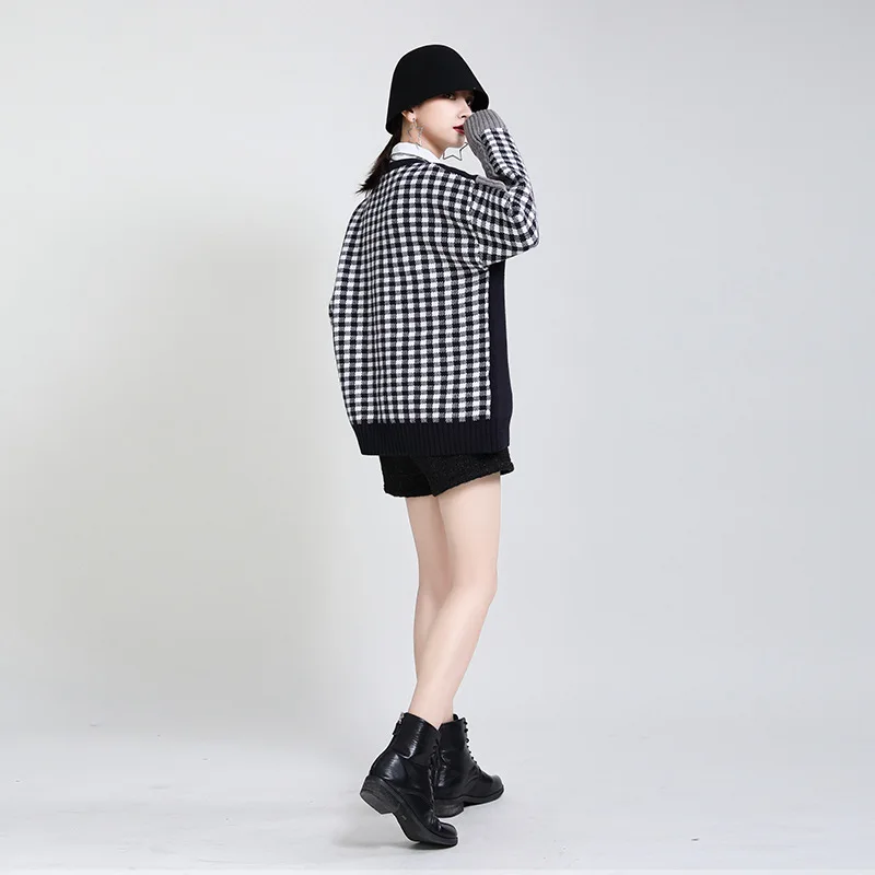 

Hit Color Sweater Women's 2021 Spring Dress New Stitch Lazy Head Color Design Sense Loose Knitwear Blusa De Frio Feminina