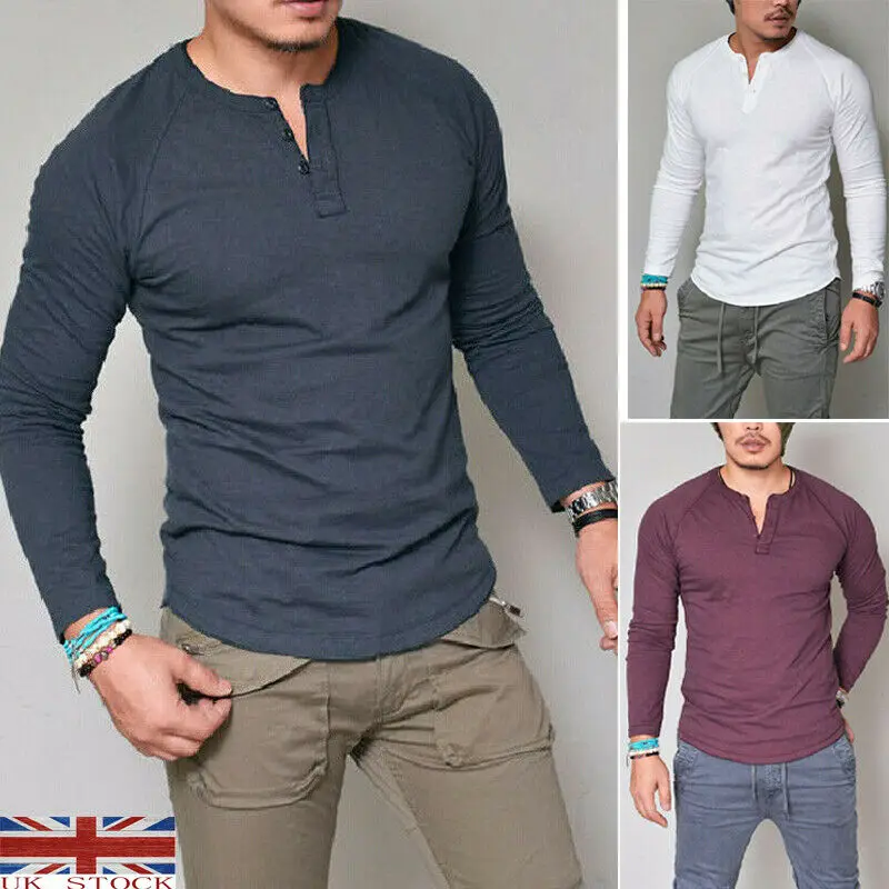 

UK New Men's Slim Fit V Neck Long Sleeve Casual Tops Blouse Muscle Tee T-shirt