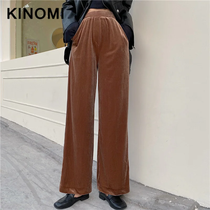 KINOMI зимние Бархатные женские широкие брюки кофейного цвета с высокой талией в