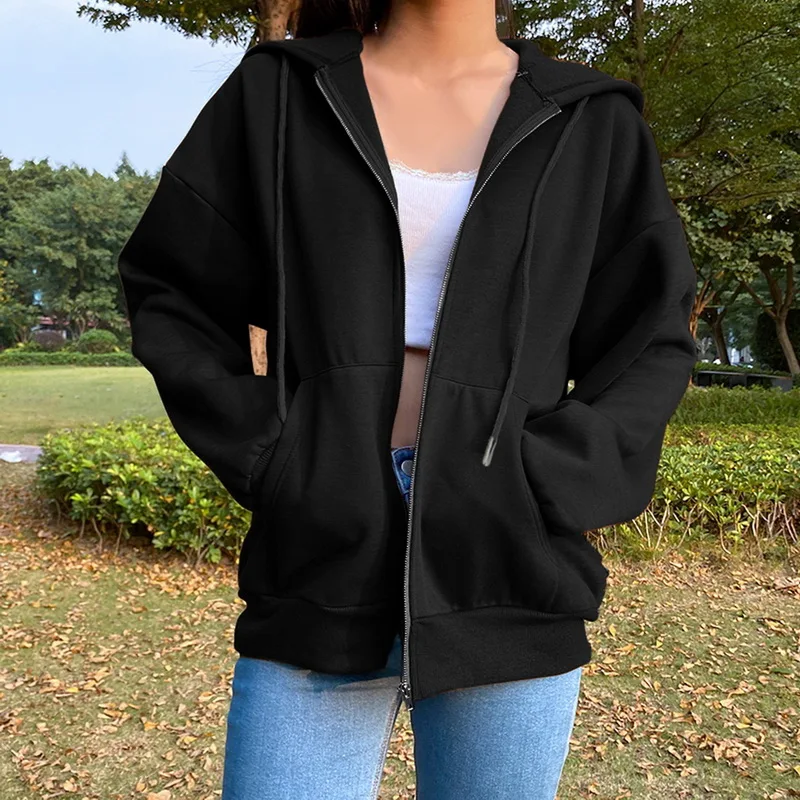 Women Brown Zip Up Jackets Retro Sweatshirt Winter Clothes Long Sleeve Hooded Outwear Slim Casual Pockets Oversized Hoodies Coat