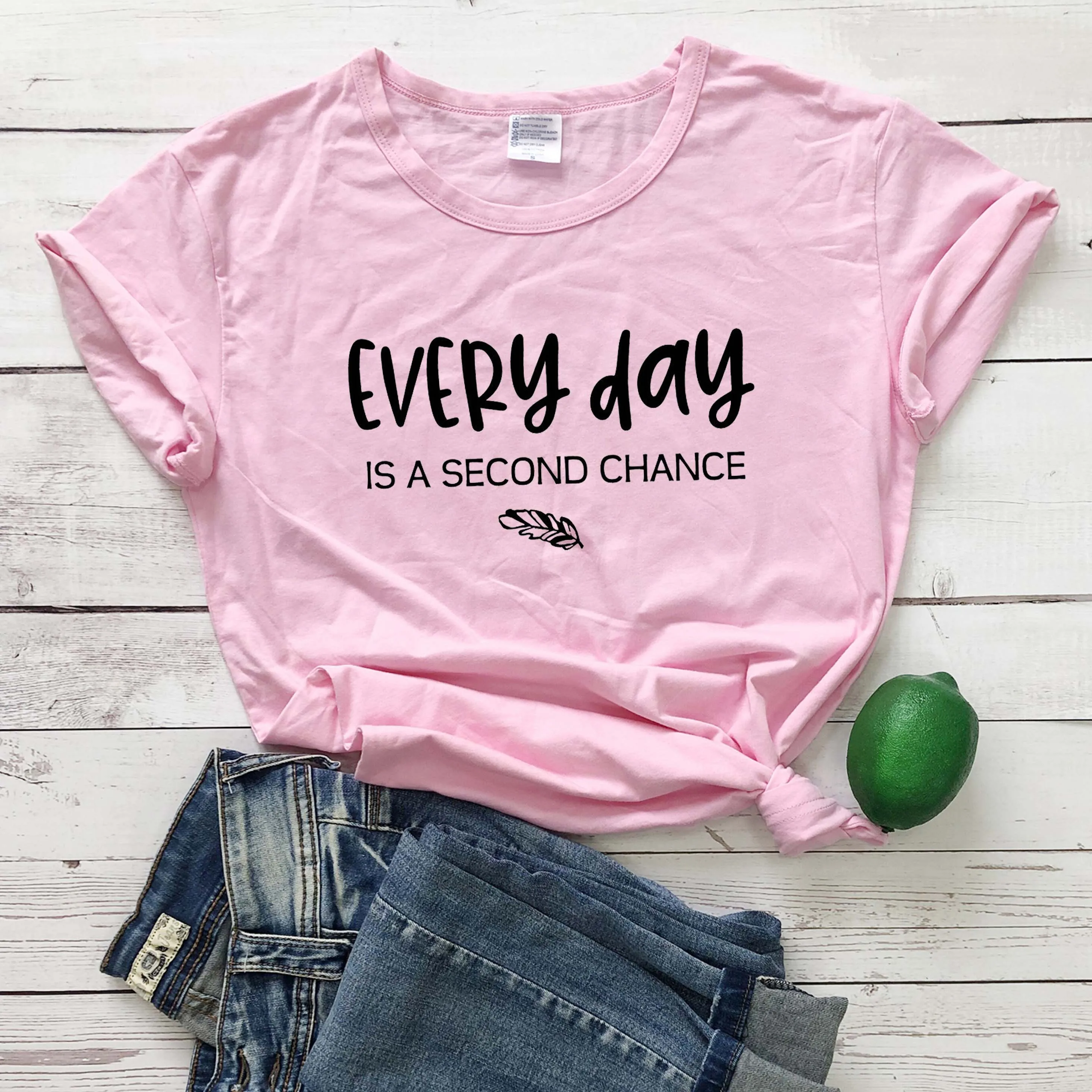 

Every Day is a Second Chance feather graphic women fashion cotton slogan religion t shirt Christian Bible tees quote tops M426