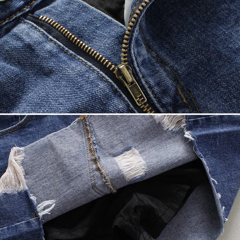 Модная синяя джинсовая юбка карандаш женская сексуальная летняя с рваными