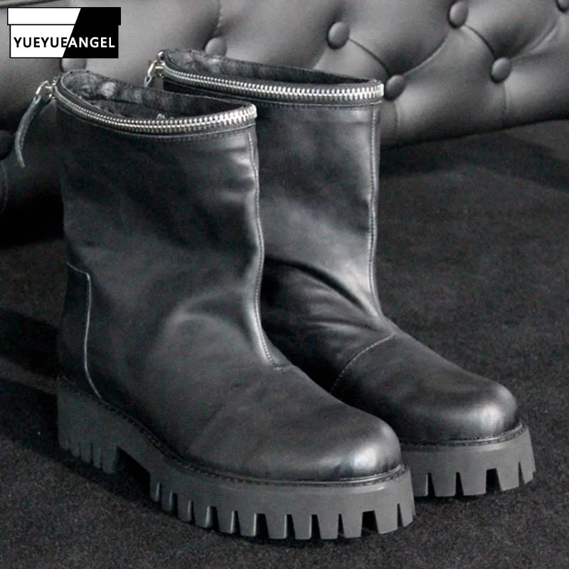 Зимние черные ботинки на толстой подошве с фальш-молнией Мужские в русском стиле