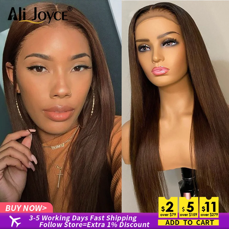 

Straight Human Hair Wig For Black Women Brown Color Straight 4X4 Lace Closure wig pre plucked Brazillian wig Remy Hair Ali Joyce