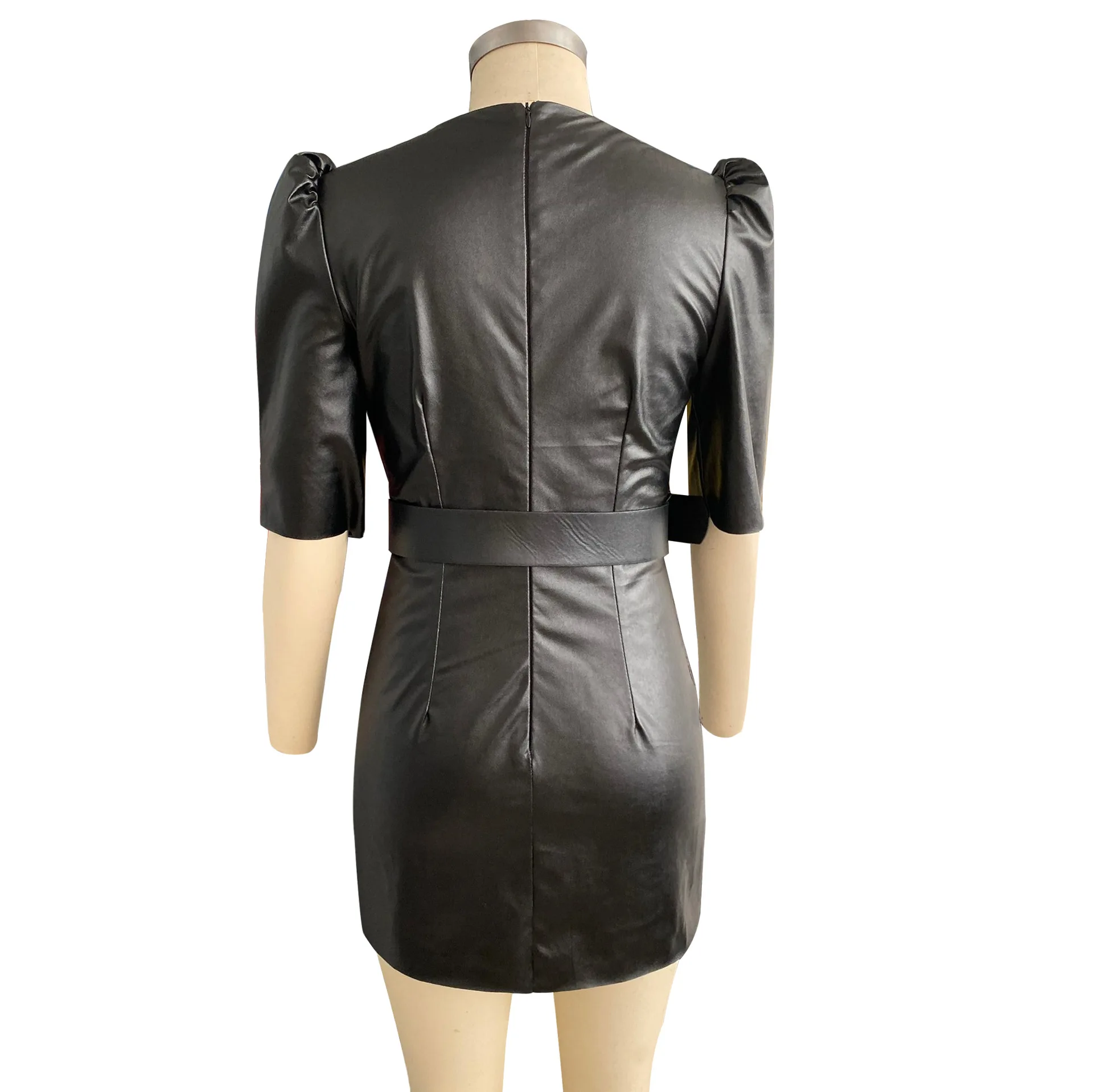 

Elegant PU Leather Belted Bodycon Mini Dress