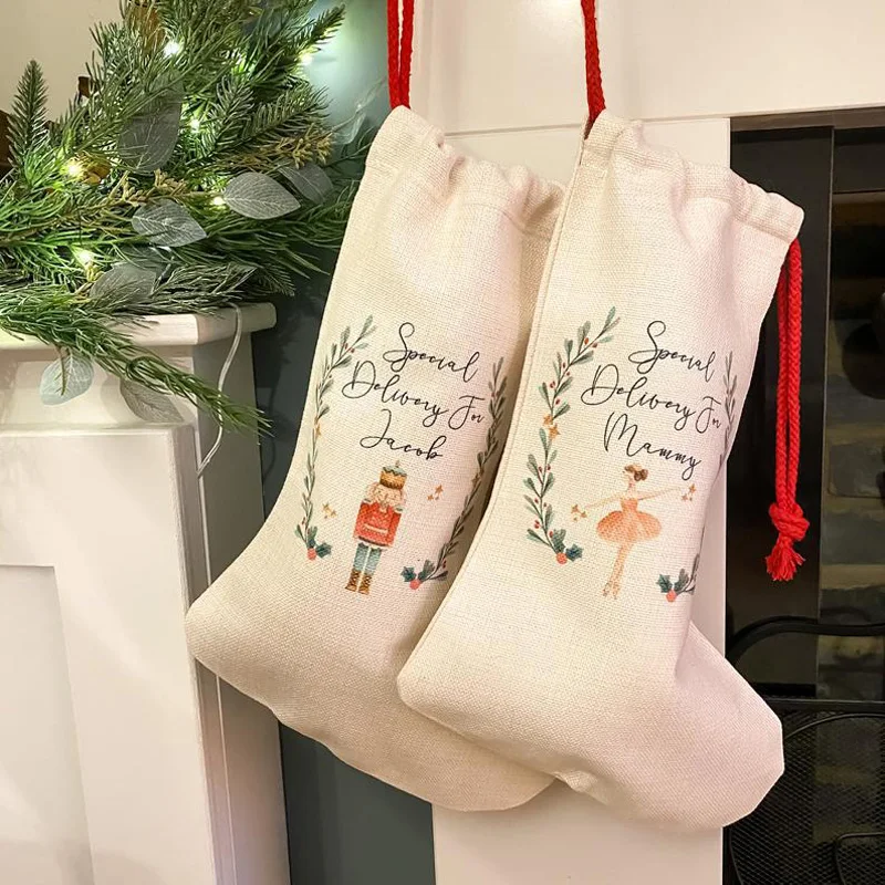 20pcs Christmas Stocking Sublimation DIY White Blank Linen Santa Socks Snowflake Xmas Tree Decoration Festival Gift Bag