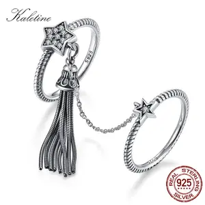Женское Винтажное кольцо с кисточкой KALETINE, из серебра 925 пробы, с двумя кольцо с дизайном звёзды, с цепочкой, в богемном стиле