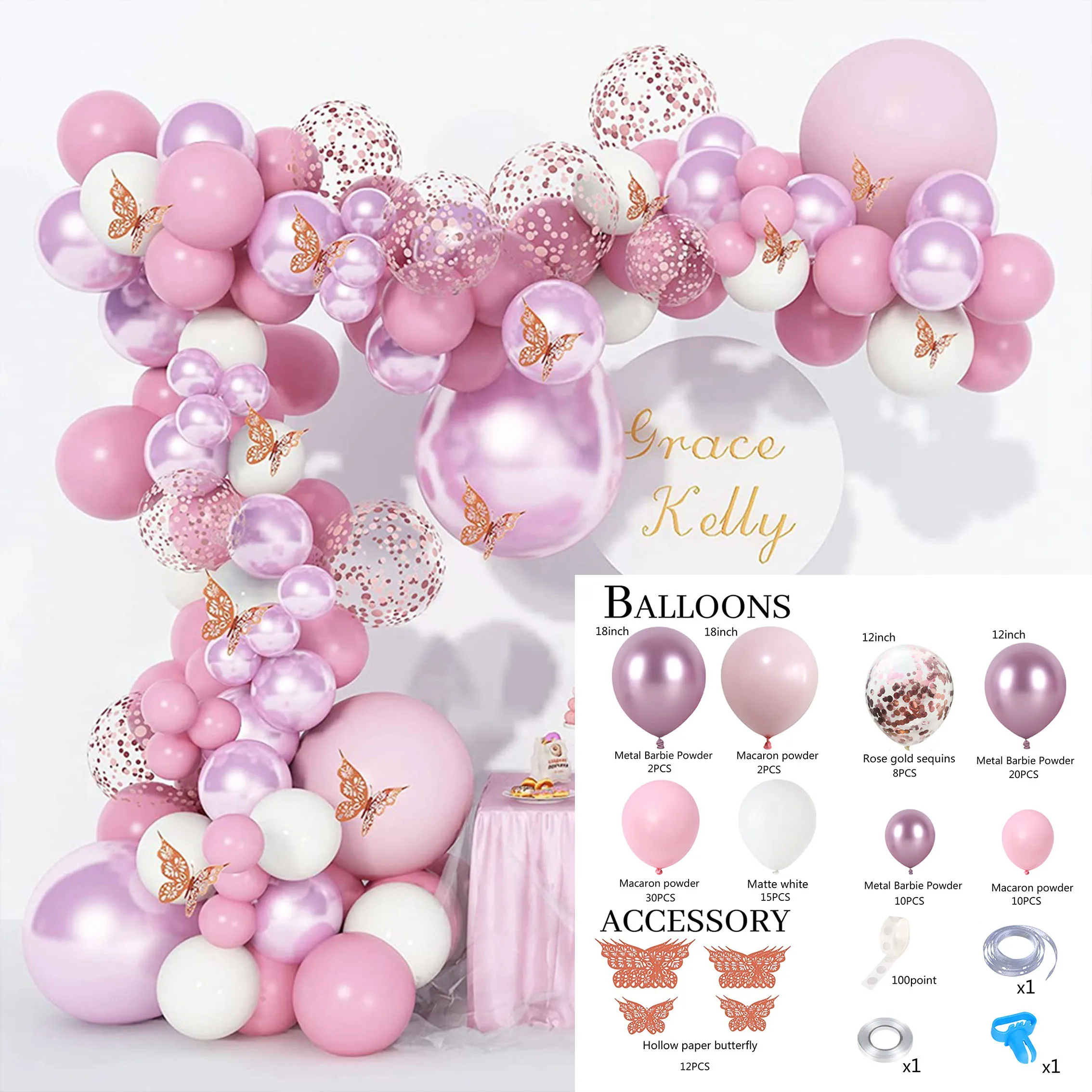 Guirnalda de Globos de macarr&oacute;n, rosa, mariposa de oro, Metal, rosa, p&uacute;rpura, Globos para cumplea&ntilde;os, globo de la fiesta de bodas, decoraciones para arco-3