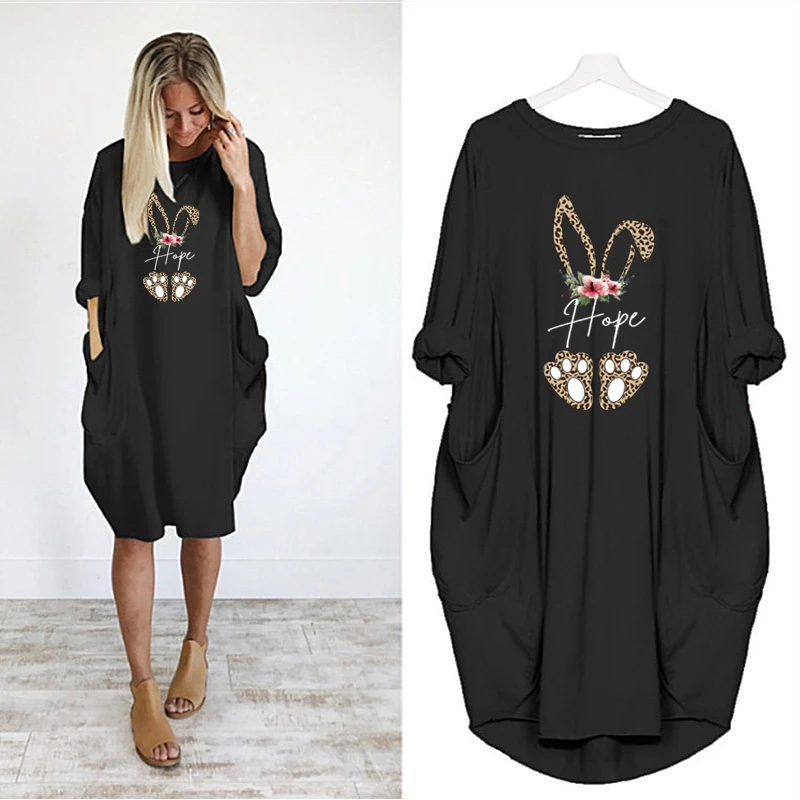 

Women Dresses 2020 Rabbit Leopard Printing Pocket Loose Woman Dress Vintage Pregnant Party Club Casual Vintage New Midi Dress