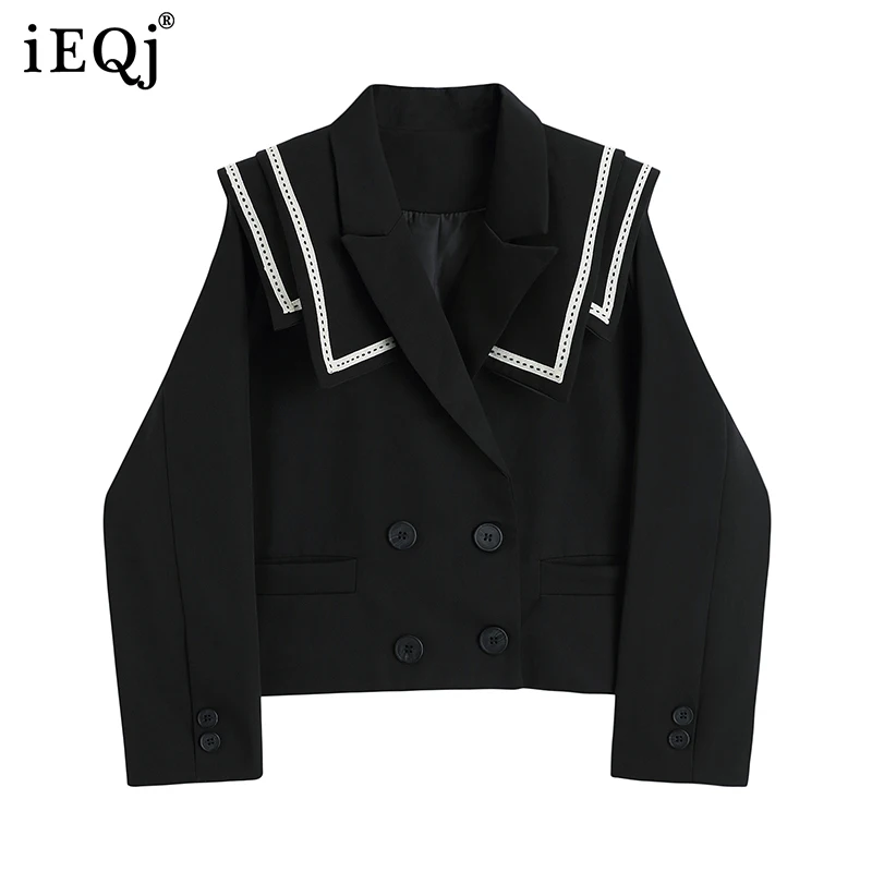 

IEQJ Women Black Casual Cozy Short Blazer New Sailor Collar Long Sleeve Loose Jacket Fashion Tide Spring Autumn 2021 3F0995