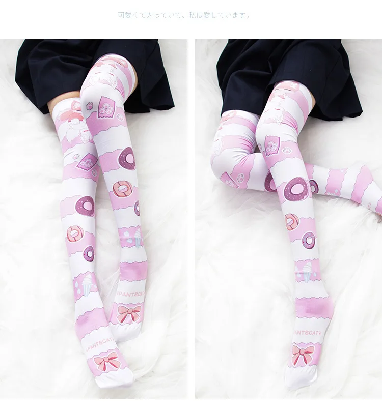 

Sweet Cute Blue Pink Thigh High Socks Lolita Striped Stockings for Women Girls Cartoon Print Over Knee Socks Cos Anime Cosplay