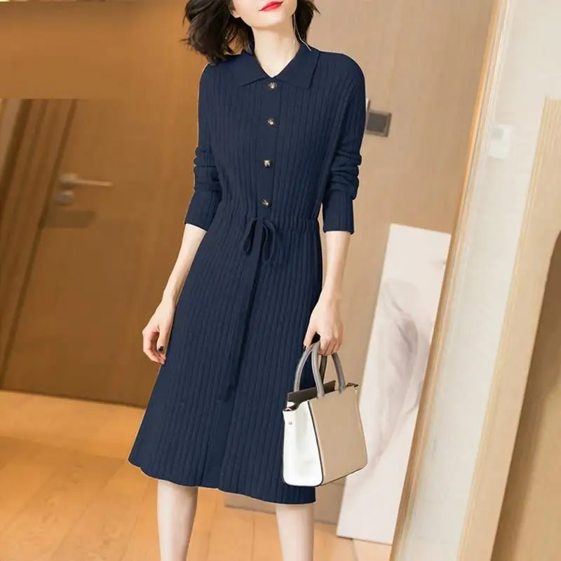 Осенне зимнее однотонное Сексуальное Женское Платье с отворотом и длинным