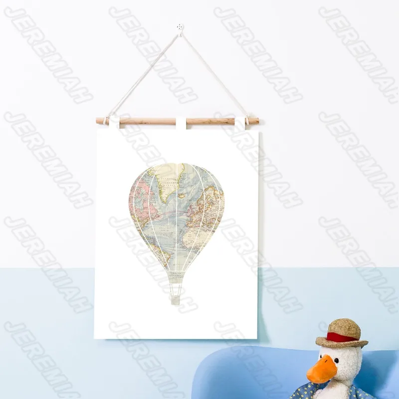 

Globe hot air balloon cartoon poster nordic style wall art canvas print painting modern children bedroom decoration