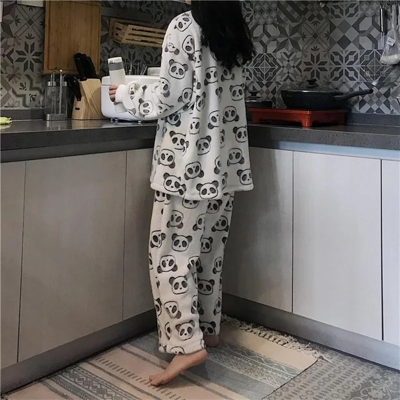 QWEEK Pijamas Women Kawaii Panda Print Flannel Pajamas Autumn Winter Sleepwear Home Clothes Long-sleeved Trousers Pyjamas Warm