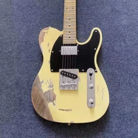 aged electric guitar yellow color sliver hardware ash guitar body maple fingerboard handmade 100 tele guitar free shipping