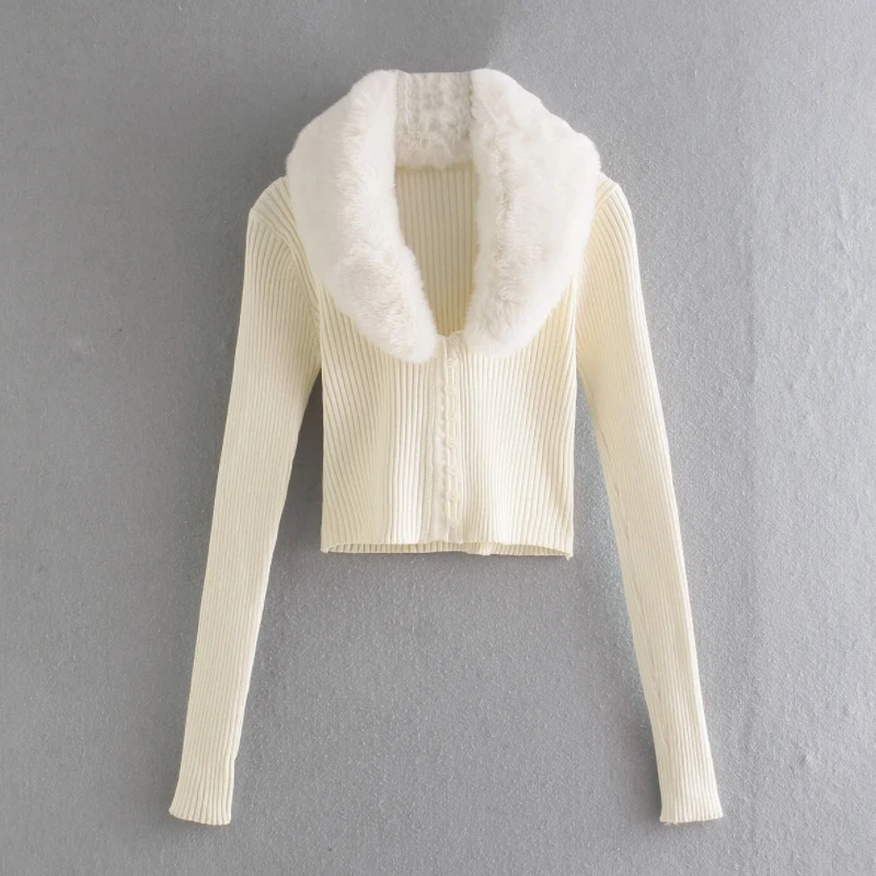 

Женский однобортный трикотажный короткий свитер с меховым воротником, Женский пуловер с длинным рукавом, повседневный облегающий кроп-топ,...