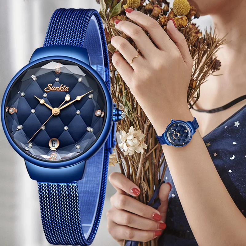 

SUNKTA Women Fashion blue Quartz Watch Lady Casual Waterproof Simple Wristwatch Gift for Girls Wife Saat Relogio Feminino+Box