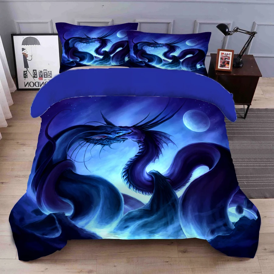 

WOSTAR Luxury double bed duvet cover set 3d HD printing blue dragon quilt cover animals printed adult kids bedding home textiles