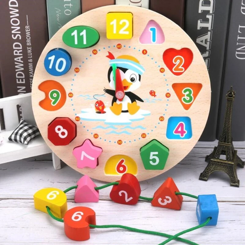 Montessori Cartoon Animal Educational Wooden Beaded Geometry Digital Clock Puzzles Gadgets Matching Toy For Children | Игрушки и хобби