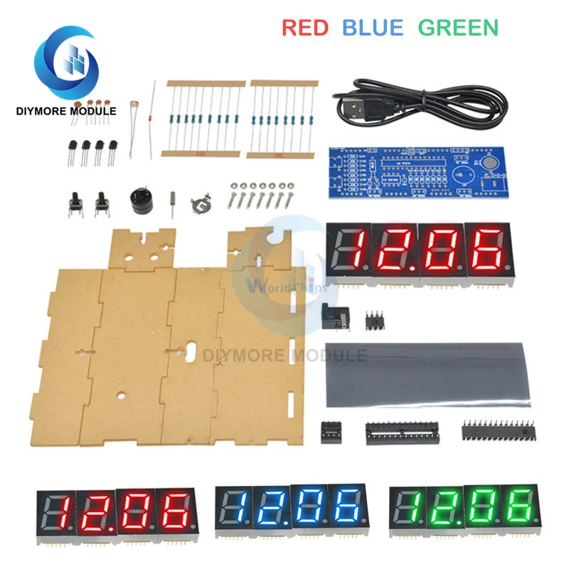 DIY Electronic Kit Clock LED Microcontroller Kit Digital Clock Time Light Control Temperature Thermometer Red/Blue/Green/White