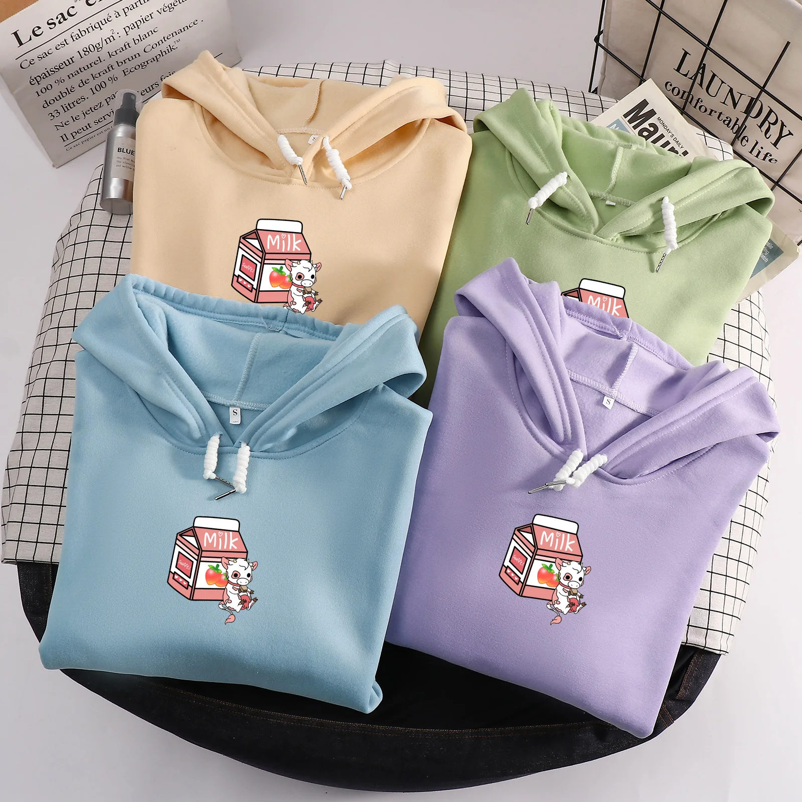 

Толстовка с капюшоном в стиле Харадзюку, с изображением клубники, молочной коровы