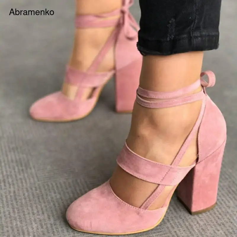

Thick High Heels Summer Ladies Leather Shoes Ankle Pumps Round Toe Footwear Sandals Fashion Women Black Shoes 5 Color Size 34-43